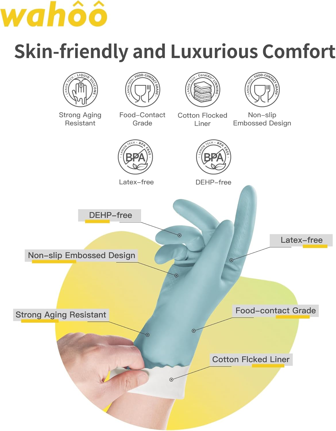 LANON wahoo Skin-Friendly Dishwashing Kitchen Gloves, Reusable - Ruhaa Store
